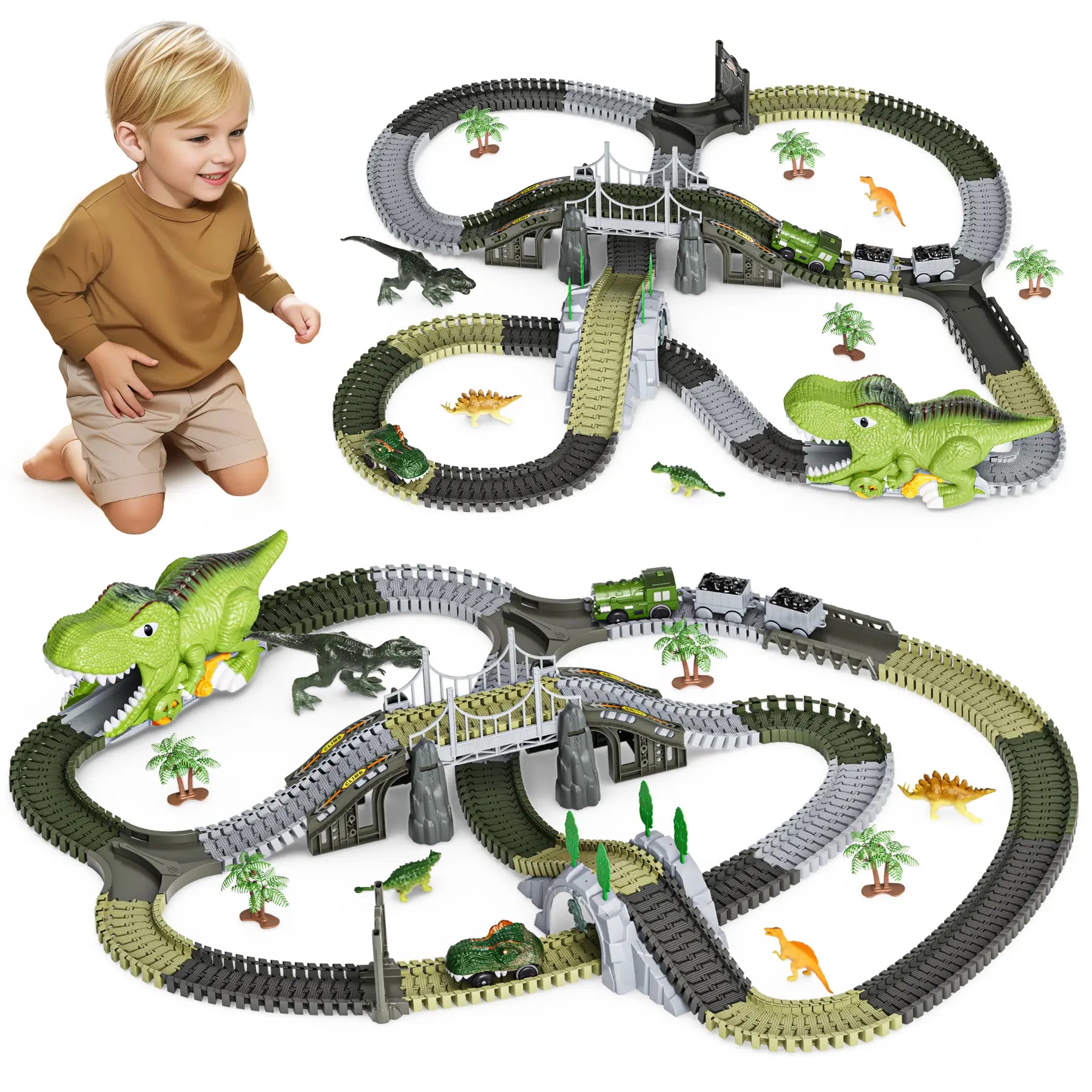 Pista da corsa con giocattoli di dinosauri, 281 pezzi di trenini di dinosauri, binari flessibili con figure di dinosauri, auto elettriche, set da gioco per bambini dai 3 anni in su