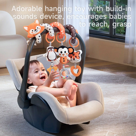 Designed to attach to strollers, car seats, playpens, and cribs, it stimulates sensory development and hand-eye coordination.