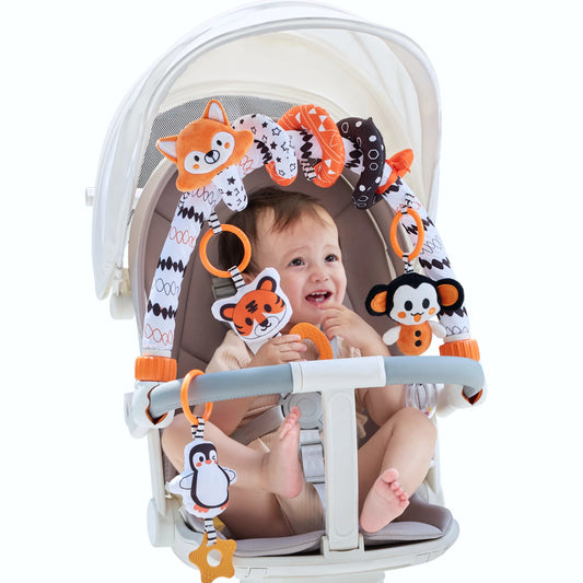 Black and white high-contrast Color Versatile 2-in-1 Baby Arch and Spiral Toy Set – Perfect for Playtime and Travel.