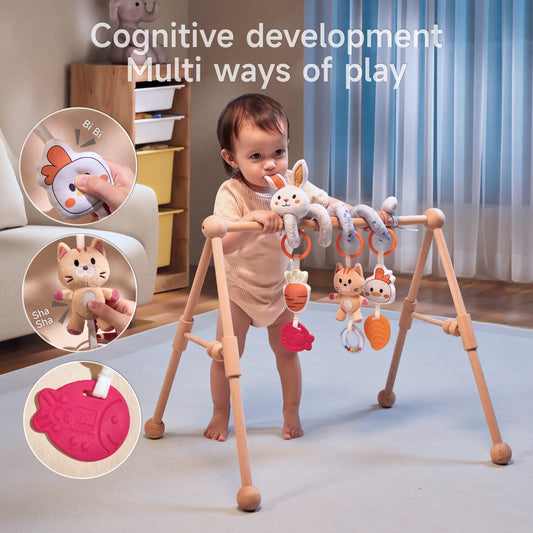 Bunny Spiral Car Seat Toy​ with Hanging Rattles Toys is mounted on a baby gym for use