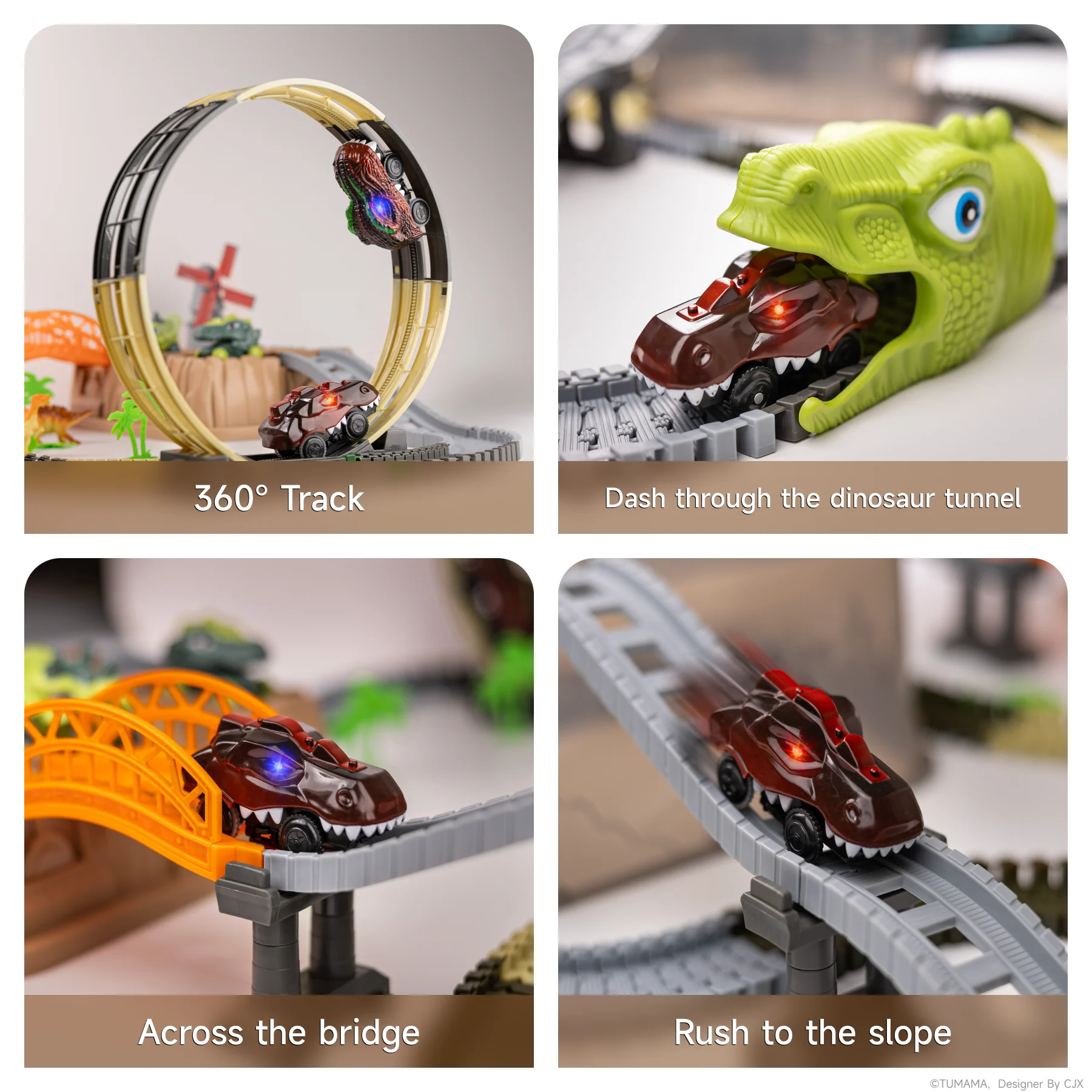 Close-up collage of four images showing features of a dinosaur-themed race track toy set: a toy car looping on a 360° track, dashing through a green dinosaur tunnel, crossing an orange bridge, and rushing up a gray slope.