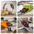 Close-up collage of four images showing features of a dinosaur-themed race track toy set: a toy car looping on a 360° track, dashing through a green dinosaur tunnel, crossing an orange bridge, and rushing up a gray slope.