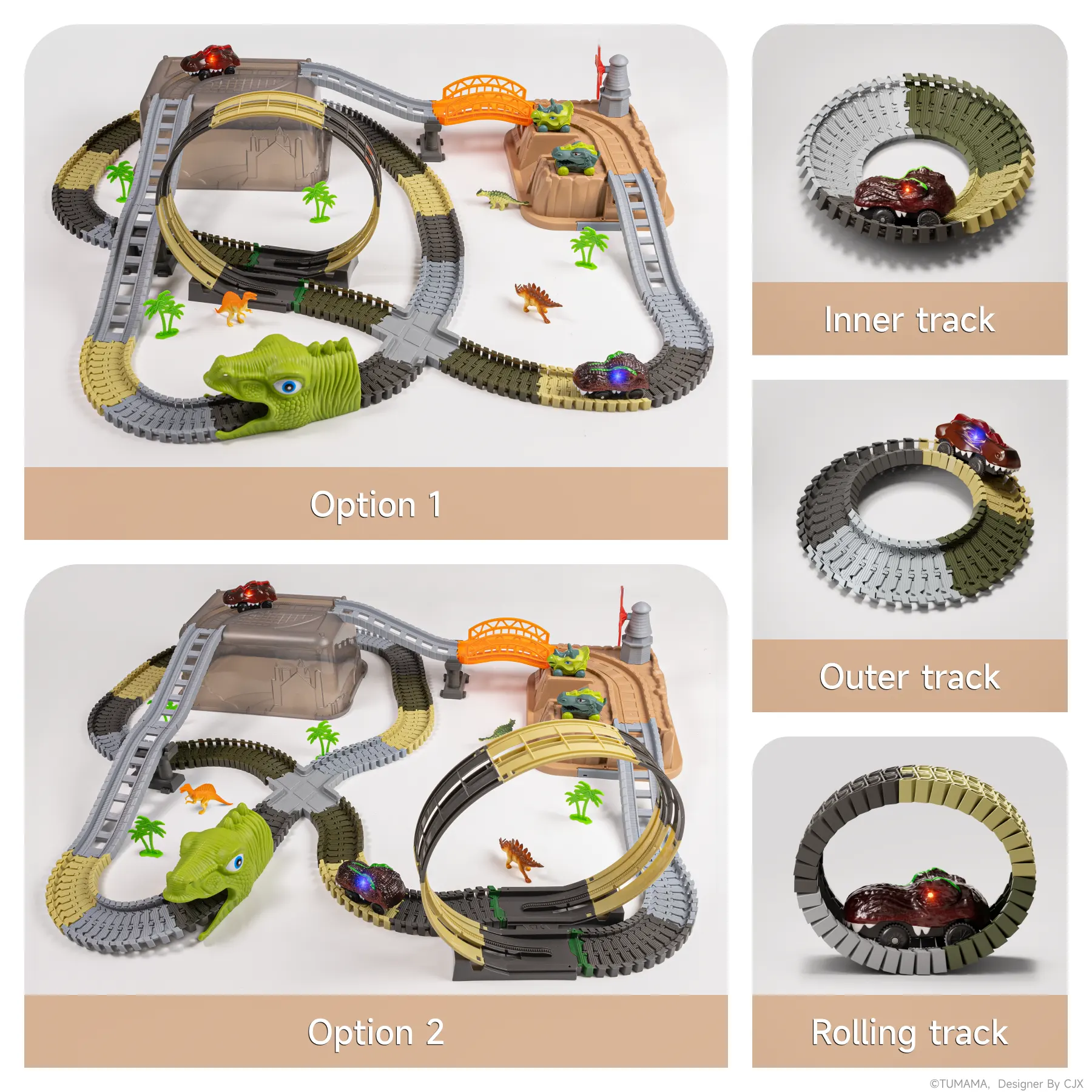 A collage showing different assembly options for a dinosaur-themed race track toy set. The left side features two main track layouts labeled "Option 1" and "Option 2," both including a dinosaur tunnel, bridges, and loop sections. The right side displays three smaller images labeled "Inner track," "Outer track," and "Rolling track," each showing different circular track configurations with toy cars.