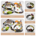 A collage showing different assembly options for a dinosaur-themed race track toy set. The left side features two main track layouts labeled 
