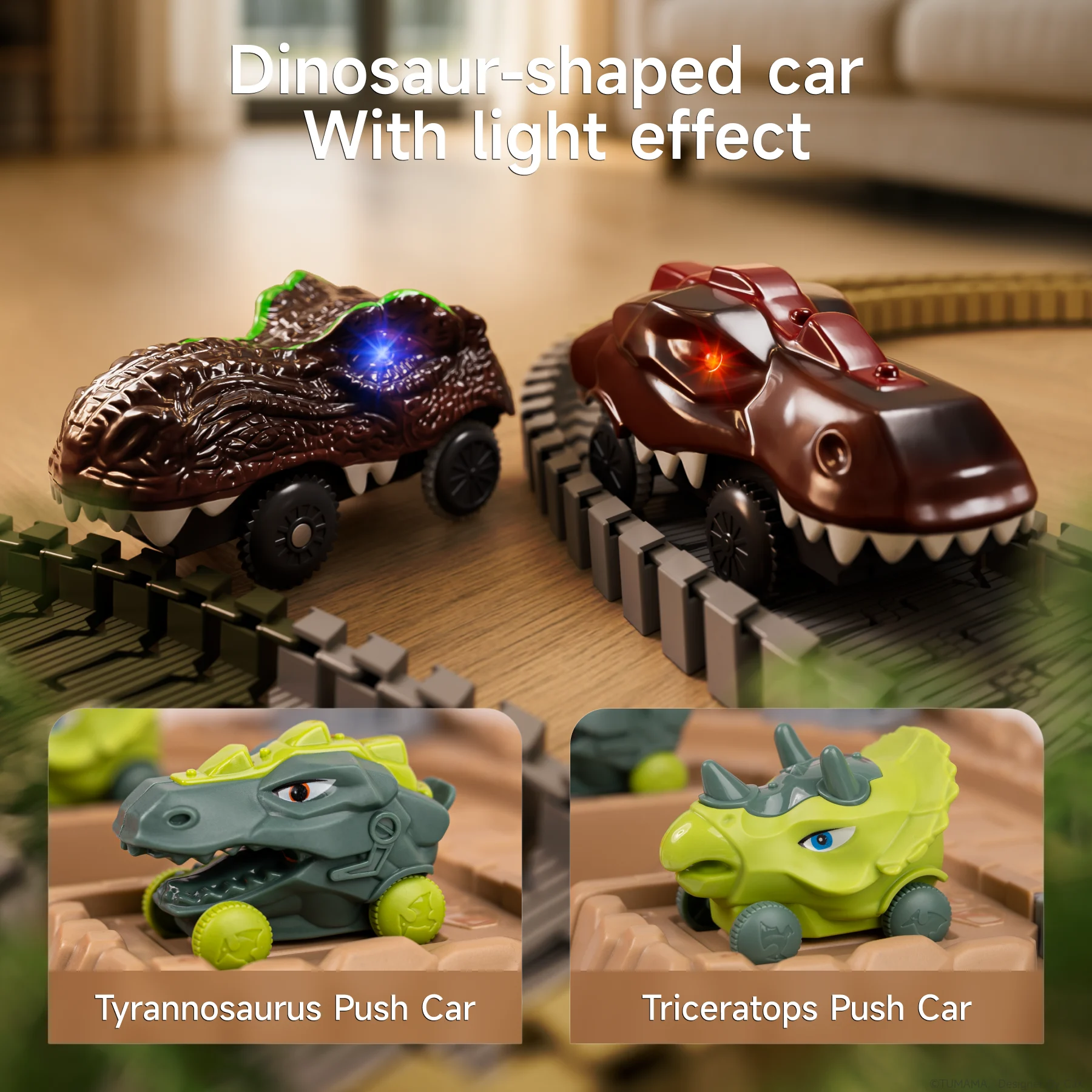 Close-up of two dinosaur-shaped toy cars with light effects on a race track, one resembling a Tyrannosaurus and the other a different dinosaur. Below, there are two images of push cars: a green Tyrannosaurus push car and a yellow Triceratops push car.
