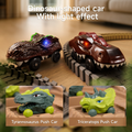Close-up of two dinosaur-shaped toy cars with light effects on a race track, one resembling a Tyrannosaurus and the other a different dinosaur. Below, there are two images of push cars: a green Tyrannosaurus push car and a yellow Triceratops push car.